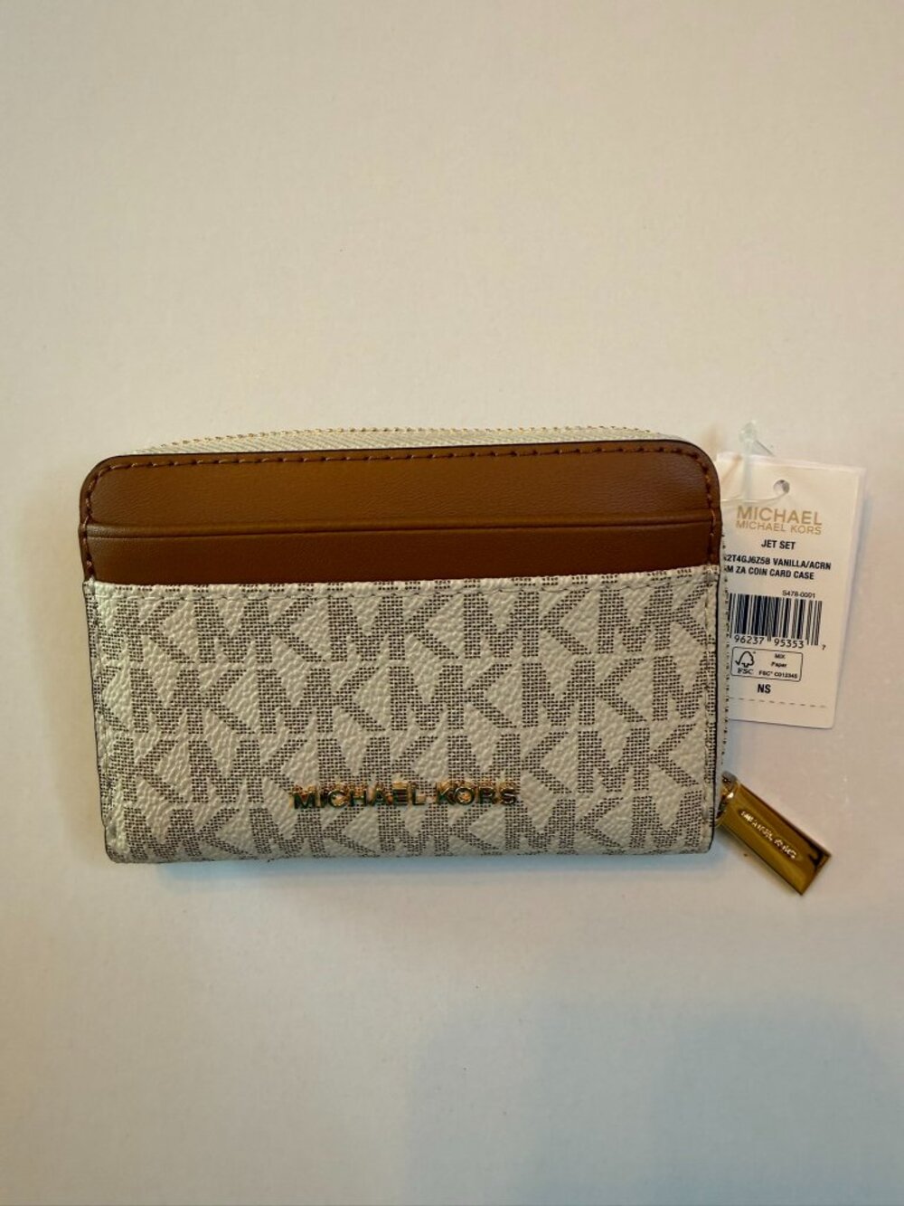 Michael Kors Jet Set Travel Medium Zip-Around Card Case Wallet - Vanilla/Acorn
